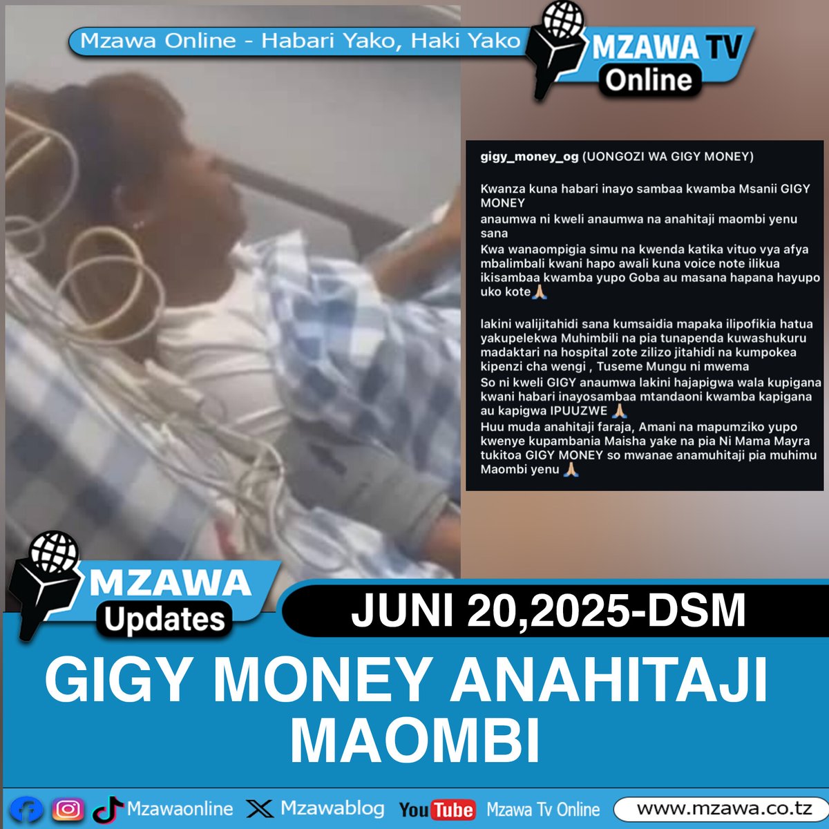 Msanii wa Bongo Fleva, Gigy Money, kwa sasa anapatiwa matibabu katika Hospitali ya Taifa ya Muhimbili baada ya kuugua ghafla. 

Taarifa hiyo imethibitishwa na uongozi wake kupitia ukurasa rasmi wa Instagram wa msanii huyo Juni 19,2025

Uongozi huo pia umekanusha uvumi unaoenea