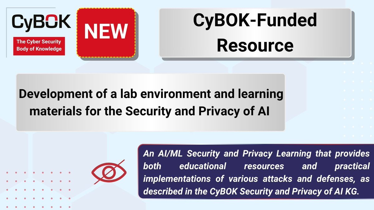 AI threats are being demystified!

Dr Hossein Abroshan (<a href="/HAbroshan/">Hossein Abroshan</a>) developed learning materials from #CyBOK's #Security and #PrivacyOfAI knoweldge guide, helping students learn real-world applications of #MachineLearning attacks and defenses.

Learn more: buff.ly/dDwTzOV