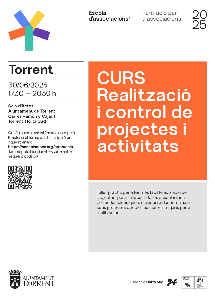 #EscolaAssociacions | El pròxim dilluns 30 de juliol podeu participar en el curs REALITZACIÓ I CONTROL DE PROJECTES.

📍 Sala d'actes de l'ajuntament de Torrent
🕞De 17:30 a 20:30 hores
📝Incripció: associacions.org/app/accio

➕ INFO: fundaciohortasud.org/curs-realitzac…