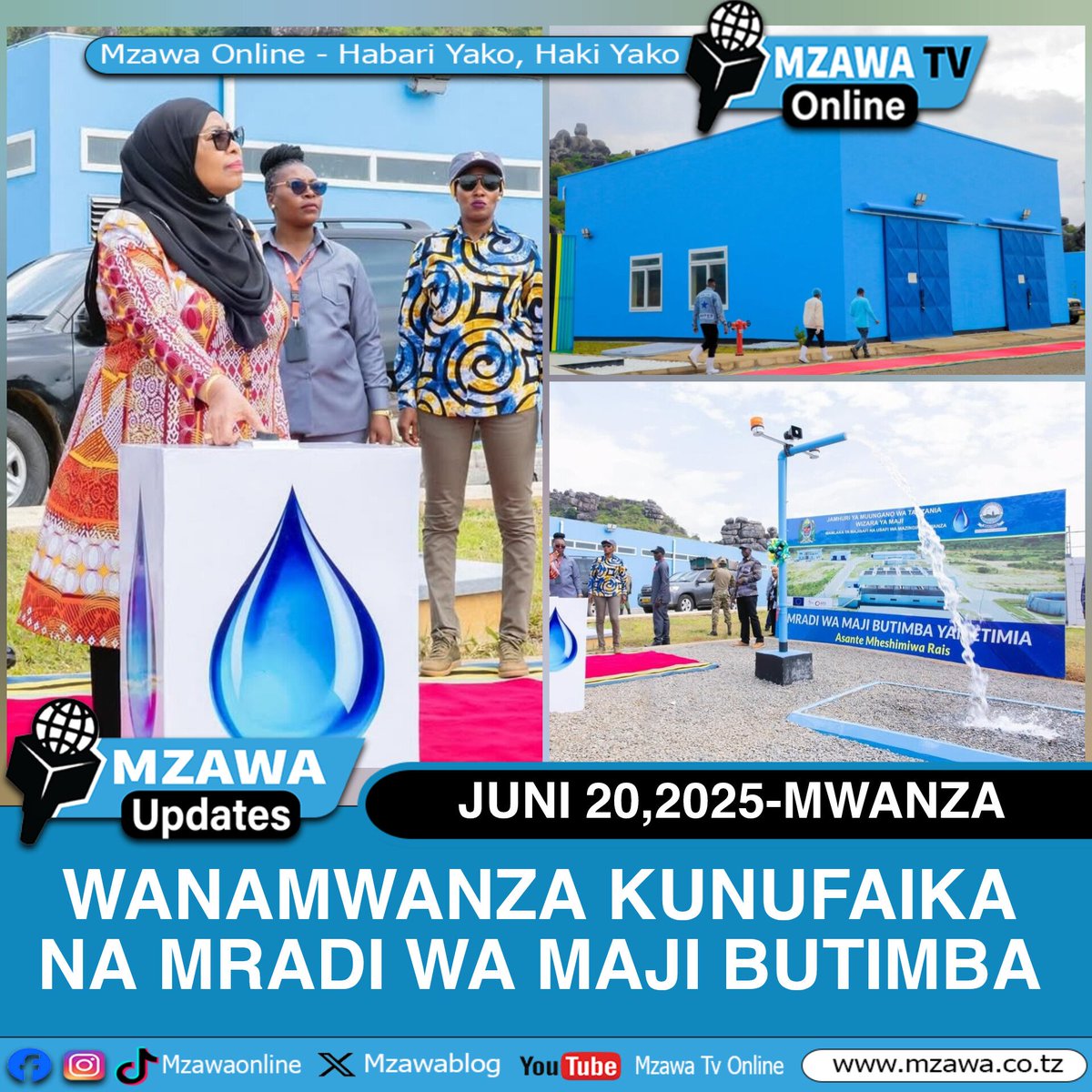 Rais wa Jamhuri ya Muungano wa Tanzania, Dkt. Samia Suluhu Hassan,Juni 20, 2025, amefungua rasmi mradi mkubwa wa maji wa Butimba, ulioko Wilaya ya Nyamagana mkoani Mwanza.

Mradi huo wenye thamani ya shilingi bilioni 71.7 ulianza kutekelezwa mwezi Februari 2021 na ulikamilika kwa