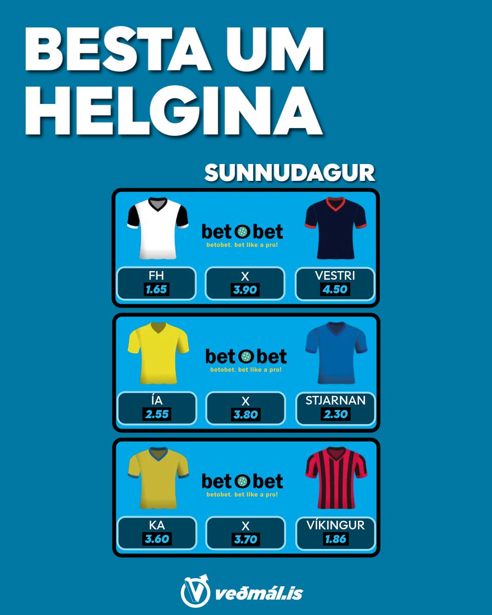 Hvernig fara leikirnir í Bestu um helgina? Betobet er með mjög áhugaverðan stuðul á Vestra á útivelli gegn FH og KR úti á móti Val. Tveir útisigrar og þú breytir 1 krónu í 17,55 krónur 👀

Skráðu þig a Betobet hér : vedmal.is/bestadeildin/