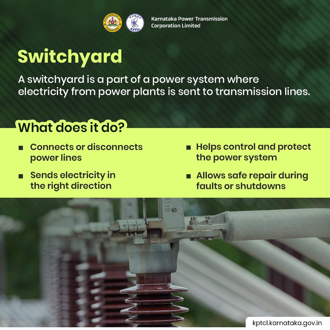 kptcl_official's tweet photo. Just like an airport directs flights, the switchyard directs power safely to your homes!
#PowerGrid #Switchyard https://t.co/DMP8UxvDVM