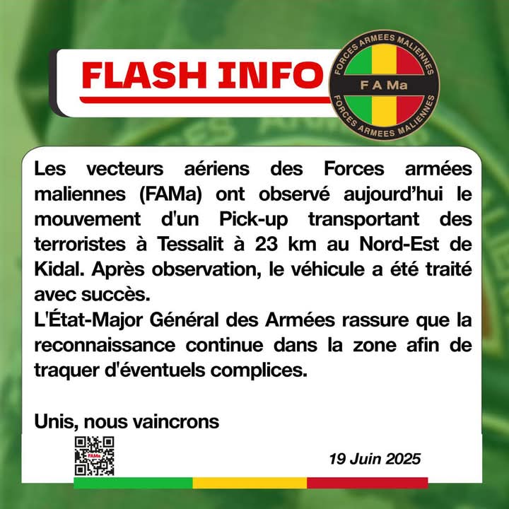 Tessalit n'est pas à 23km de Kidal , en plus aucune frappe n'a eu lieu sur quoi que ce soit dans le périmètre , mais bon il faut avoir de quoi berner les moutons 🐑🐏