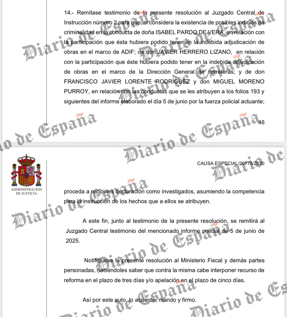 🚨 El juez ve indicios de criminalidad en la actuación de Isabel Pardo de Vera (ADIF), Javier Herrero (Carreteras) y otros altos cargos por adjudicaciones irregulares. 

Remite el caso al Juzgado Central para que declare a todos ellos como investigados.