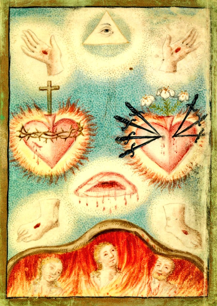 Almas en el purgatorio, atentas a las heridas de Cristo y a el Sagrado Corazón y  a el Inmaculado Corazón.
Acuarela - s XVIII