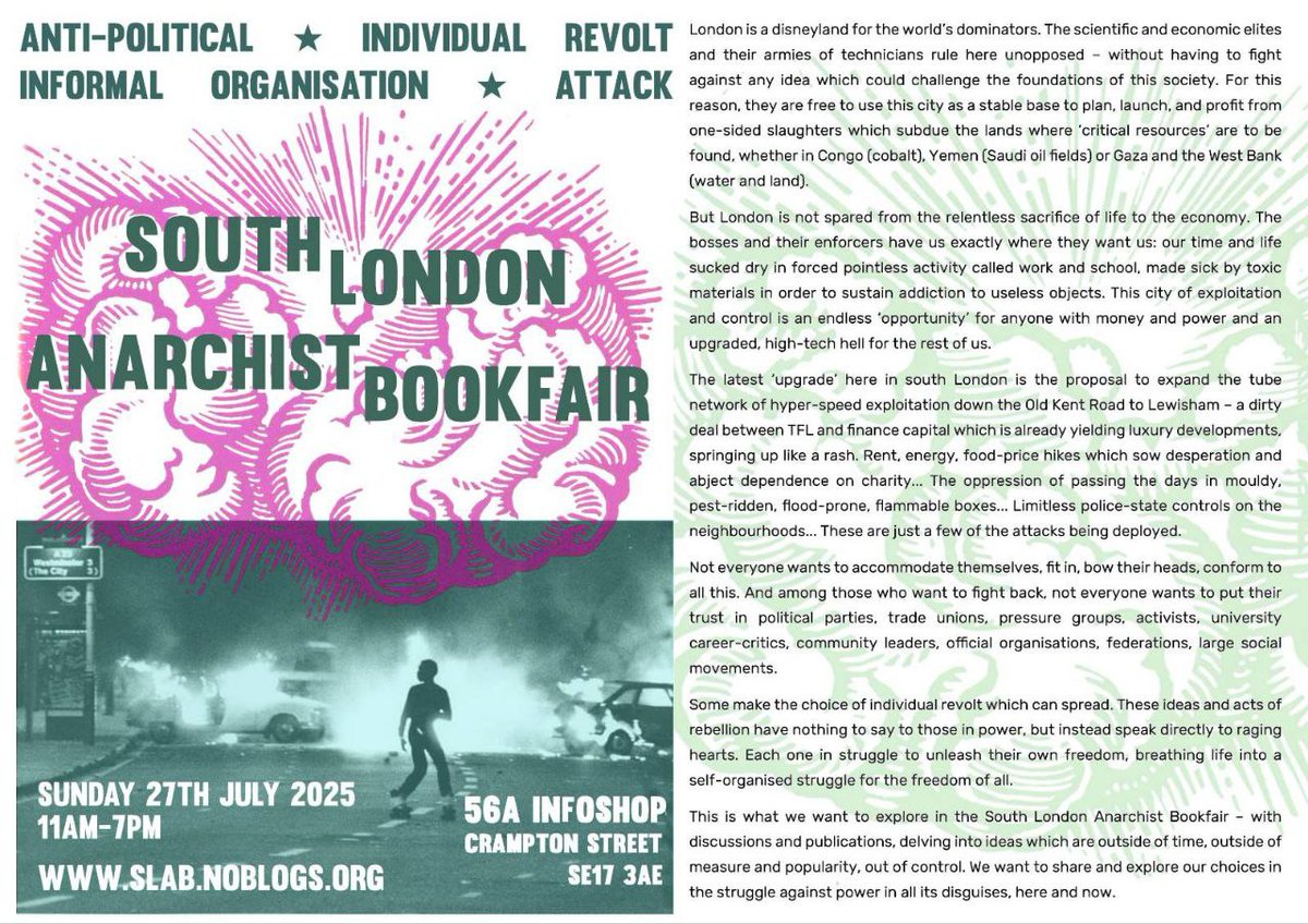 Upcoming at our place: 

Sunday 27th July
SOUTH LONDON ANARCHIST BOOKFAIR
📚💥🌱📚🔥📚🙌🏽🧄
Details here: 
slab.noblogs.org