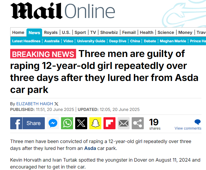 Another little British girl raped by monsters. Surnames tell me they are immigrants living in my country and doing whatever they want because we are too weak and pathetic to stop them. 
They kidnapped her from Asda! Not a dark alley, but a major supermarket in broad day light.