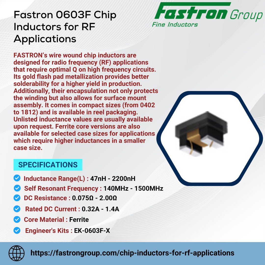 FastronGroup's tweet image. Fastron 0603F Chip Inductors for RF Applications

For more info: fastrongroup.com/chip-inductors…

#fastrongroup #0603f #chipinductors #RFApplications #rfinductors #surfacemountinductors #highfrequencydesign #wirelesscomponents #electroniccomponents #rohscompliant #smdinductors