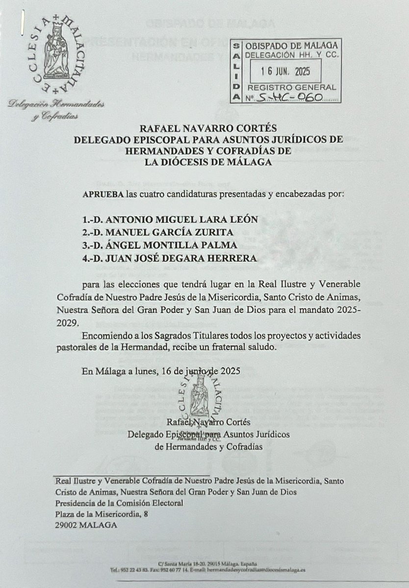 // COMUNICADO OFICIAL//
El delegado Episcopal aprueba las cuatro candidaturas presentadas y encabezadas por:
- D. Antonio Miguel Lara León.
- ⁠D. Manuel García Zurita.
- ⁠D. Ángel Montilla Palma.
- ⁠D. Juan José Degara Herrera.
Para las próximas elecciones.
