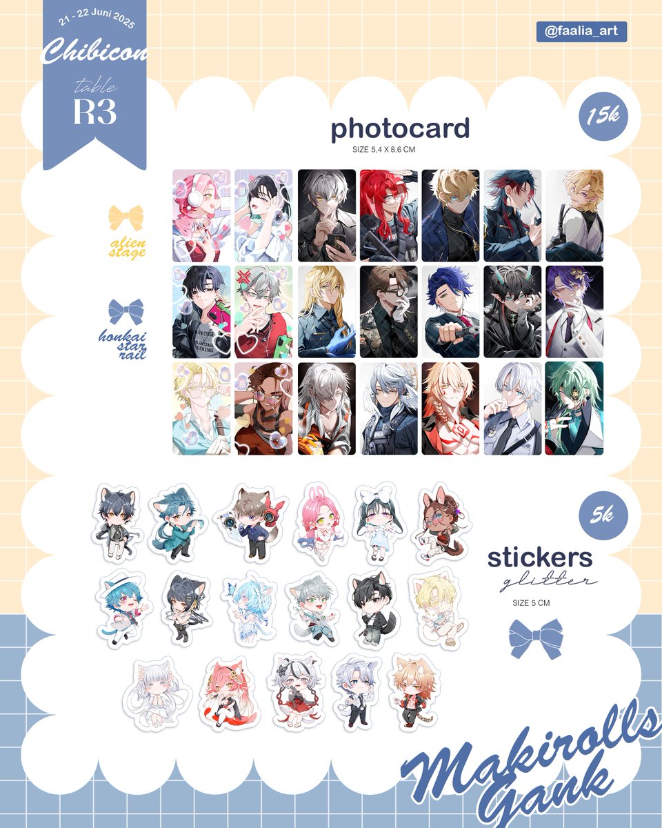 Hewwoo
I think this will be my last booth event for this year
[ ❤️+ 🔁 are very appreciated ❤️]  
Faalia's OTS CATALOG for #chibicon 
📷 HSR, Wuwa, &amp; Alnst 
The event is tomorrow so See you guys at the booth R3📷 🫶😍
#chibicon7catalogue