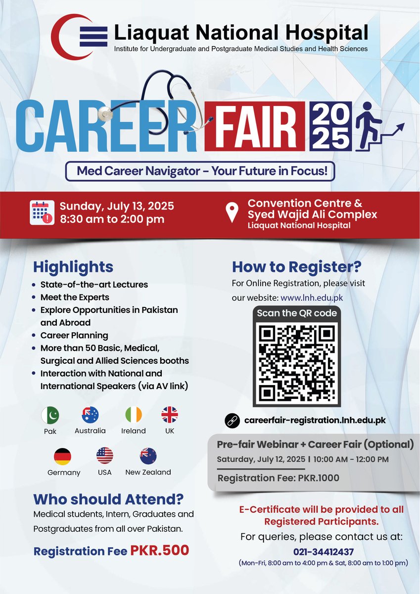 Step into your future with Career Fair 2025 at Liaquat National Hospital!
Explore global opportunities, expert insights, and 50+ medical specialty booths — register now!
🔗careerfair-registration.lnh.edu.pk
#LNHCareerFair #MedicalEducation #FutureInFocus #LNHCare #CareerNavigator