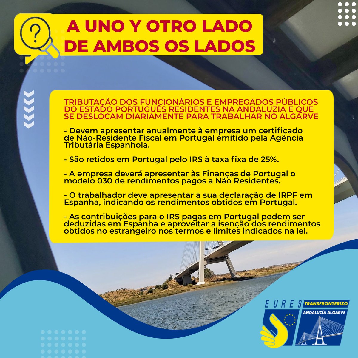 🤔Imagina que tienes tu residencia habitual en Ayamonte y te desplazas todos los días a Tavira a trabajar como funcionario del Estado portugués. Aquí tienes estas orientaciones fiscales. 👇🇪🇸🇵🇹
#EURESTAA #EURESCBPs #EURES30 #Fiscalidadinternacional