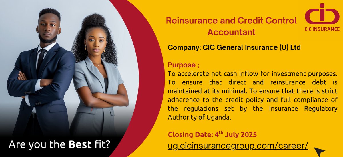We're hiring a Reinsurance and Credit Control Accountant – To accelerate net cash inflow, minimise reinsurance and direct debt, and ensure full compliance with credit policy and Insurance Regulatory Authority regulations.

For more details about the job, visit -