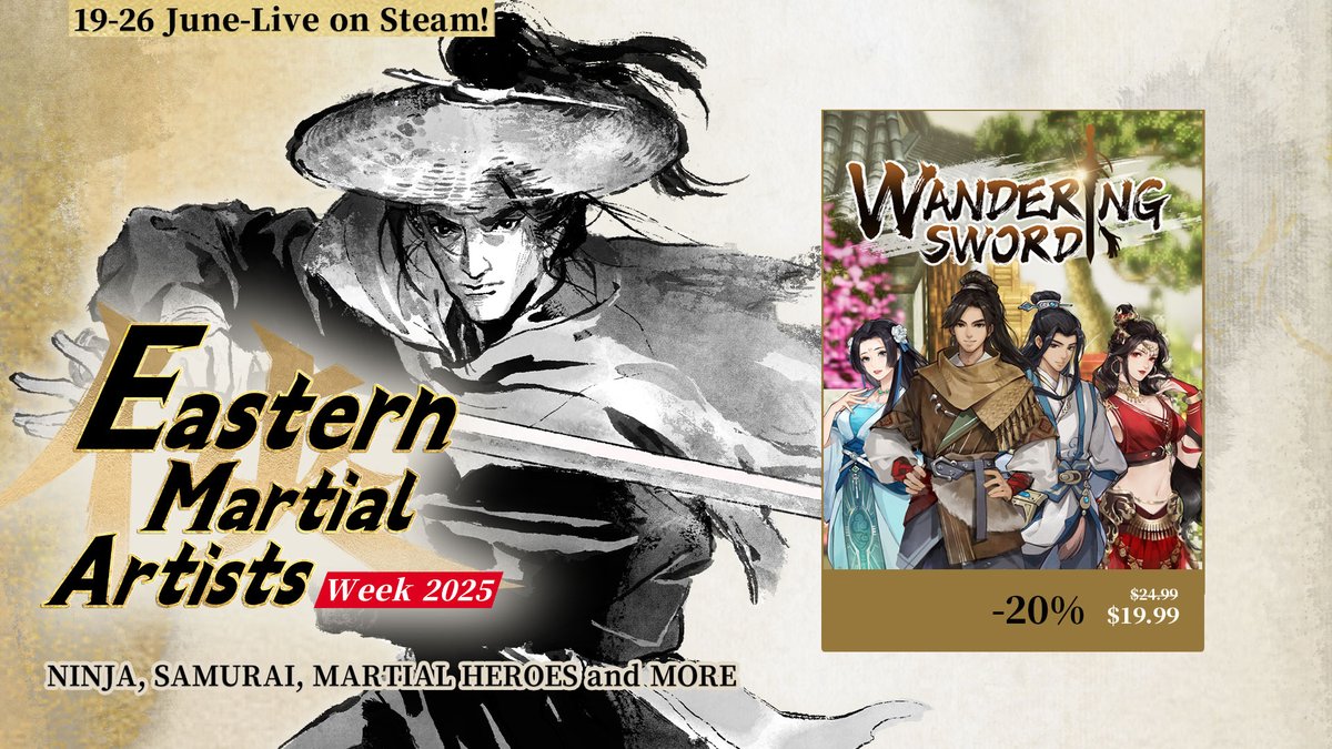 ⚔️ We’re joining #EasternMartialArtistWeek on Steam! ⚔️

Celebrate the beauty of Eastern combat from June 20–27! And to mark the occasion, Wandering Sword is now 20% off—our lowest discount ever! 👇

store.steampowered.com/app/1876890/Wa…

#EMAWeek #indiedev