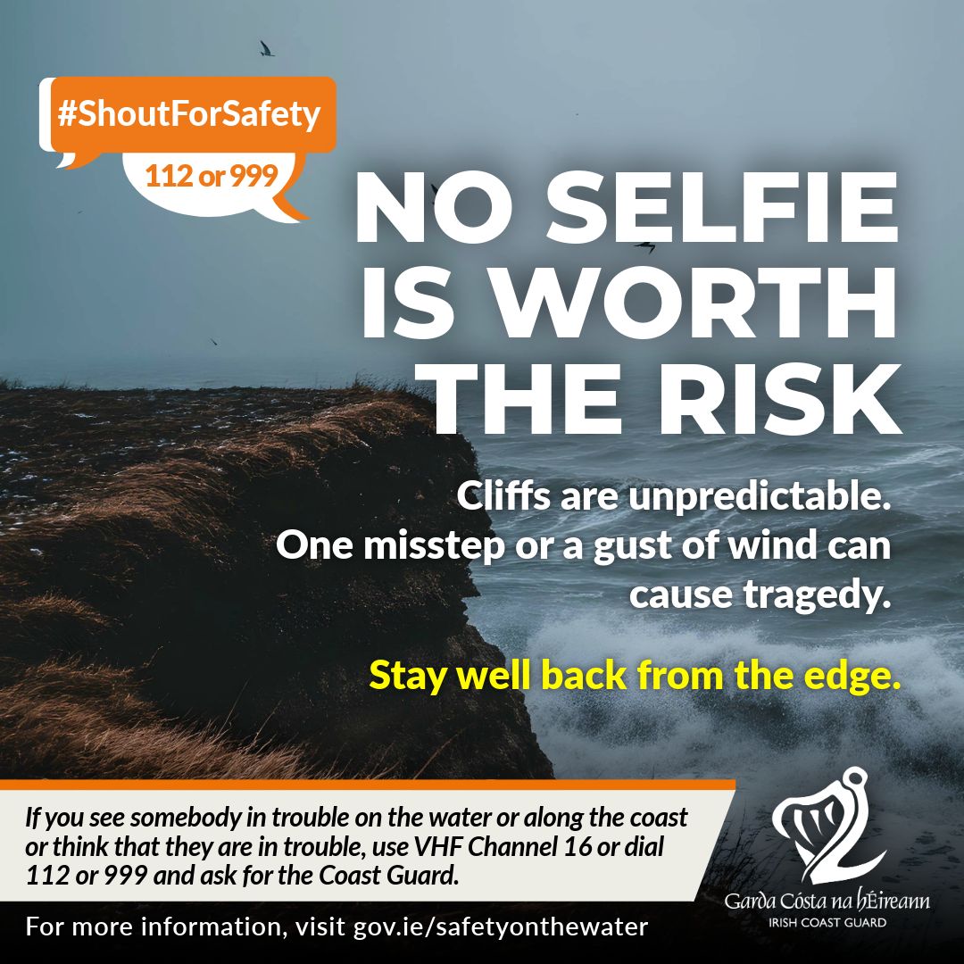 IrishCoastGuard's tweet image. 📸 Think before you snap.

Cliffs are unpredictable. One misstep or a gust of wind can lead to tragedy.
Stay well back from the edge—no photo is worth the risk.

📞 In an emergency, call 112 or 999 and ask for the Coast Guard.

#ShoutForSafety #CliffSafety #IrishCoastGuard