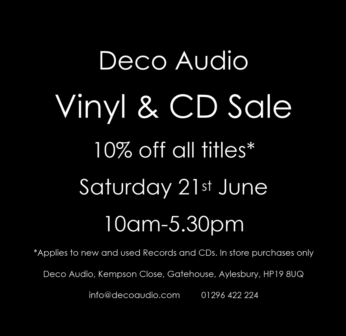 DecoAudio's tweet photo. We're having a 10% off Vinyl &amp; CDs sale on the 21st of June at our showroom in Aylesbury. https://t.co/xT1bprGKcb
