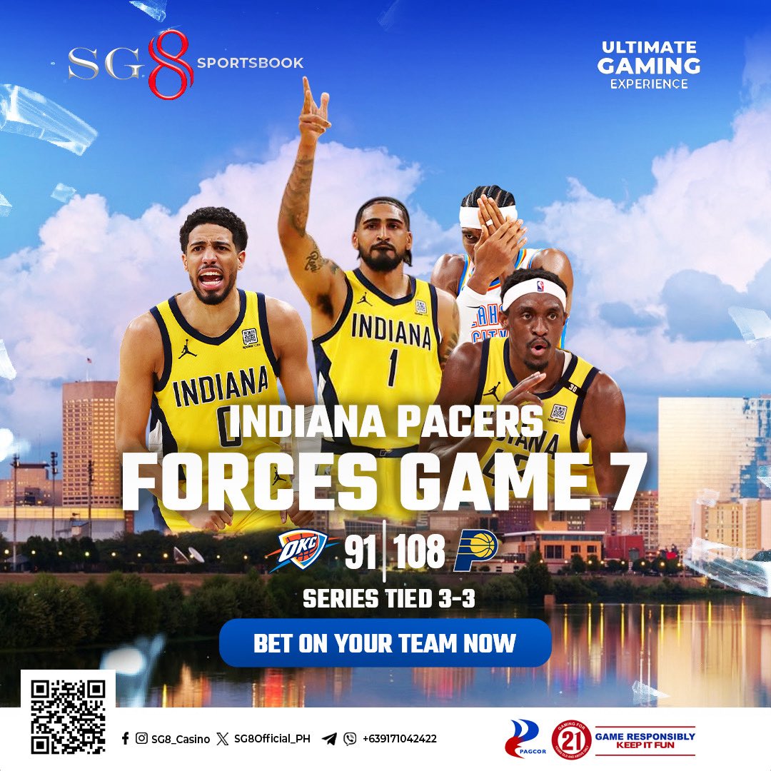 SG8Official_PH's tweet photo. Indiana takes down OKC to force a Game 7! 🔥
Haliburton pushes through injury, Siakam leads the charge, and the Pacers stay alive.
The Finals now head to the first Game 7 since 2016. 🏀
 
Place your NBA Finals bets now at SG8 Sportsbook!
Check the latest odds & boost your winning chances here>>           
https://t.co/TtrZp5WTGO
 
#sg8casino #kaotcho #Indiana #okc #NBAFinals