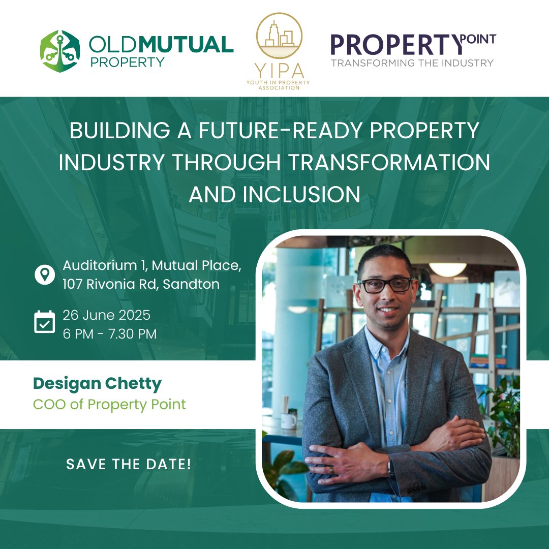 Youth In Property (@yipa_sa) on Twitter photo Meet Our Speaker!
We’re thrilled to welcome Desigan Chetty, COO of <a href="/PropPoint/">PropertyPoint</a> to the Youth Month Fireside Chat with Old Mutual Property CEO, Sakina Nosarka
📅 26 June | 🕓 6PM | 📍Sandton
🎟️ Register → forms.gle/XaeAkmqYawa7wq…
#YouthMonth #Transformation #PropPoint #YIPA Meet Our Speaker!
We’re thrilled to welcome Desigan Chetty, COO of <a href="/PropPoint/">PropertyPoint</a> to the Youth Month Fireside Chat with Old Mutual Property CEO, Sakina Nosarka
📅 26 June | 🕓 6PM | 📍Sandton
🎟️ Register → forms.gle/XaeAkmqYawa7wq…
#YouthMonth #Transformation #PropPoint #YIPA