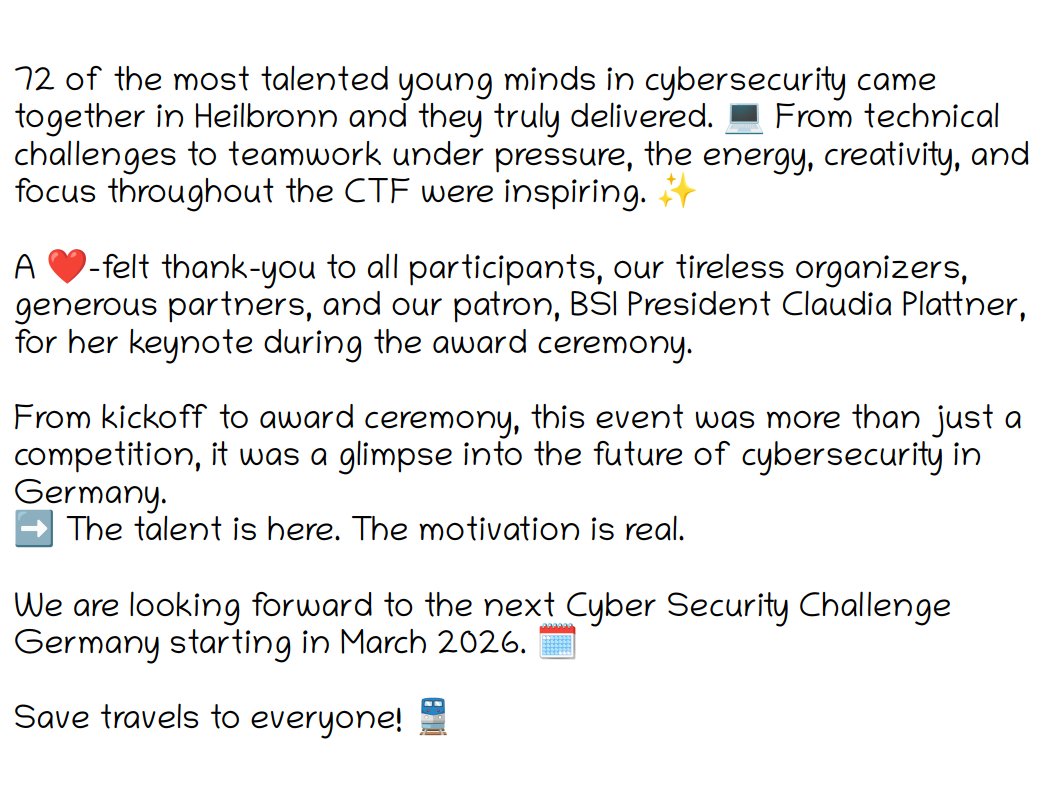 Deutsche Hacking Meisterschaft (@dhm_ctf) on Twitter photo Special thanks to <a href="/BSI_Bund/">BSI</a>, Schwarz IT, <a href="/Allianz/">Allianz</a>, <a href="/cirosec/">cirosec GmbH</a>, <a href="/hextreeio/">hextree.io</a>, <a href="/pimpex/">PIMPEX</a>, netmountains and all our partners who continuously support Nachwuchsförderung IT-Sicherheit e.V. Special thanks to <a href="/BSI_Bund/">BSI</a>, Schwarz IT, <a href="/Allianz/">Allianz</a>, <a href="/cirosec/">cirosec GmbH</a>, <a href="/hextreeio/">hextree.io</a>, <a href="/pimpex/">PIMPEX</a>, netmountains and all our partners who continuously support Nachwuchsförderung IT-Sicherheit e.V.