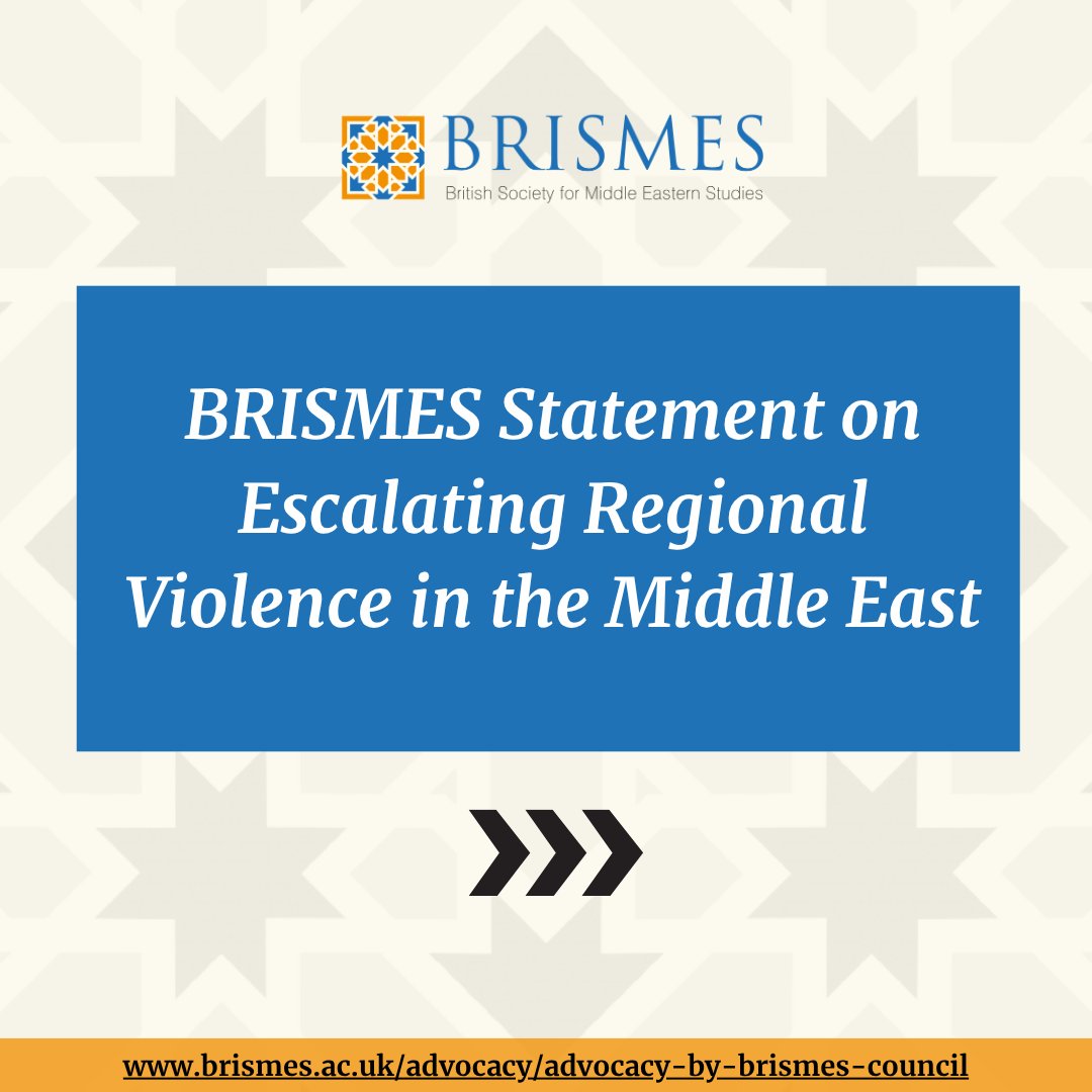 OfficialBrismes's tweet image. @OfficialBrismes has published a statement on escalating regional violence in the #MiddleEast. BRISMES expresses its deep alarm at Israel’s recent military aggression against Iran. Read the statement in full 👇bit.ly/4l0pQB6