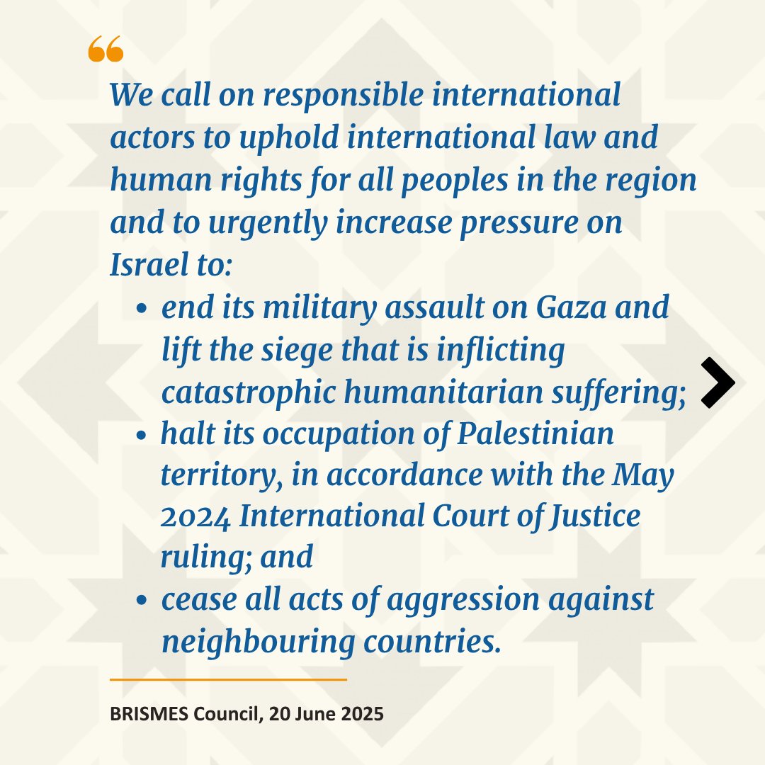 OfficialBrismes's tweet image. @OfficialBrismes has published a statement on escalating regional violence in the #MiddleEast. BRISMES expresses its deep alarm at Israel’s recent military aggression against Iran. Read the statement in full 👇bit.ly/4l0pQB6