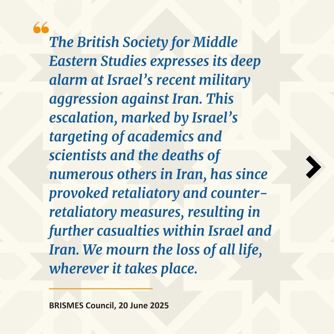 OfficialBrismes's tweet image. @OfficialBrismes has published a statement on escalating regional violence in the #MiddleEast. BRISMES expresses its deep alarm at Israel’s recent military aggression against Iran. Read the statement in full 👇bit.ly/4l0pQB6