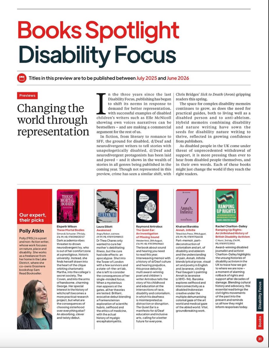 excited to be in <a href="/thebookseller/">The Bookseller</a> today with lots of fellow disabled Porty Literary pals including <a href="/RachelCDailey/">Rachel Charlton-Dailey</a>!

especially as Awakened is reviewed as a ‘Brilliant, evocative debut blending a Frankensteinian exploration of scientific hubris, selfhood &amp; the ethics of medicine’ 🥹