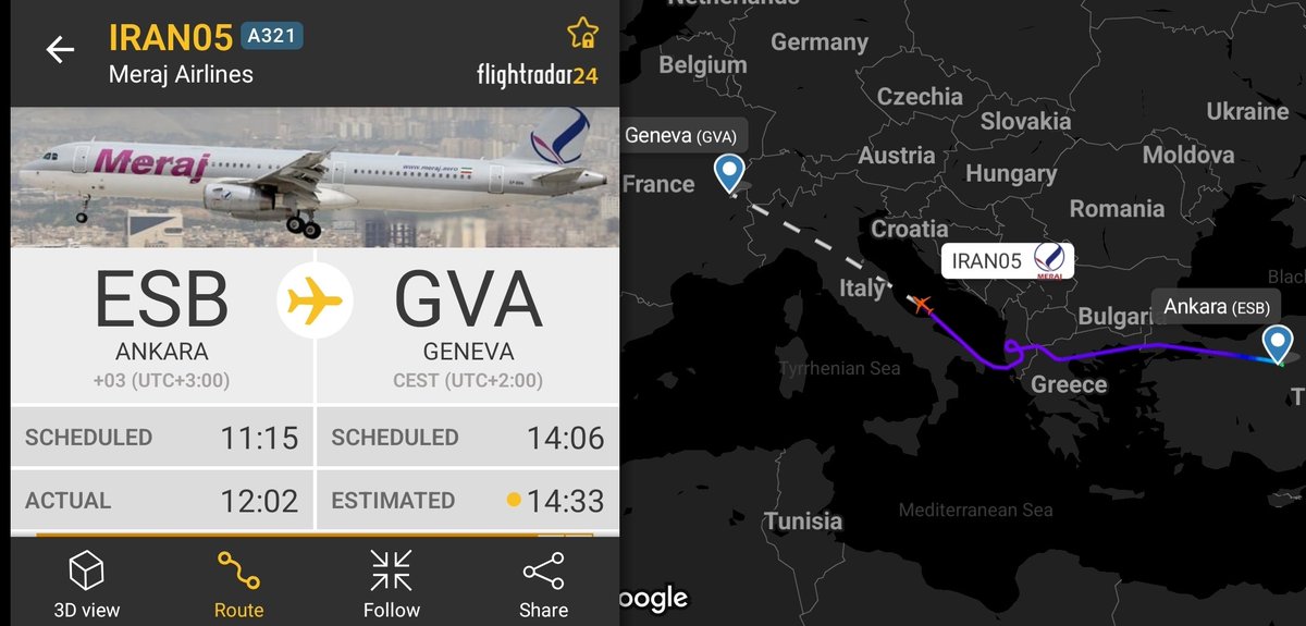 Iran's Foreign Minister Araqchi is on his way to Geneva. He seems to be flying aboard the official plane used by Iranian foreign ministers (Iran05) but the plane took off from Ankara, Turkey.

He's meeting with E3 foreign ministerstoday.