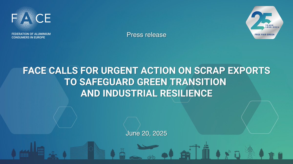 #FACE calls for urgent action on #scrap exports to safeguard green transition and industrial resilience. In a new position paper, we outline a comprehensive proposal to retain and better utilise #aluminium scrap within #Europe 👉🏼 face-aluminium.com/face-calls-for…