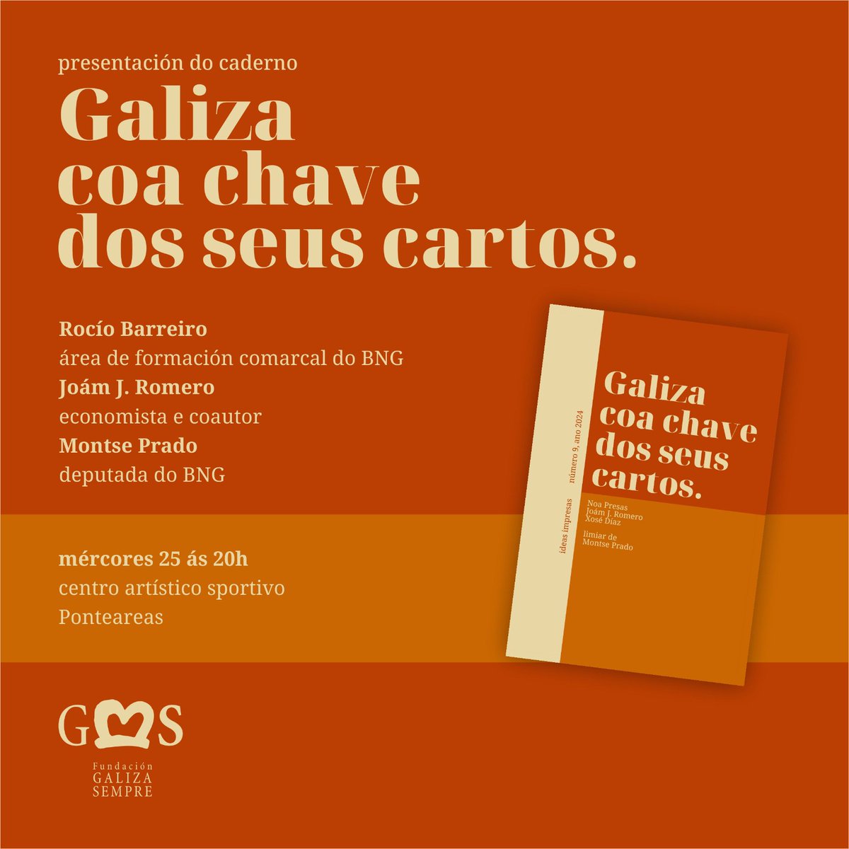 🟠O vindeiro mércores 25 presentamos en #Ponteareas o monográfico 𝗚𝗮𝗹𝗶𝘇𝗮 𝗰𝗼𝗮 𝗰𝗵𝗮𝘃𝗲 𝗱𝗼𝘀 𝘀𝗲𝘂𝘀 𝗰𝗮𝗿𝘁𝗼𝘀 🔑💰

Un caderno dedicado á análise e propostas arredor dun concerto económico adaptado a Galiza. Achégate ao acto, e leva un exemplar de balde 🎁