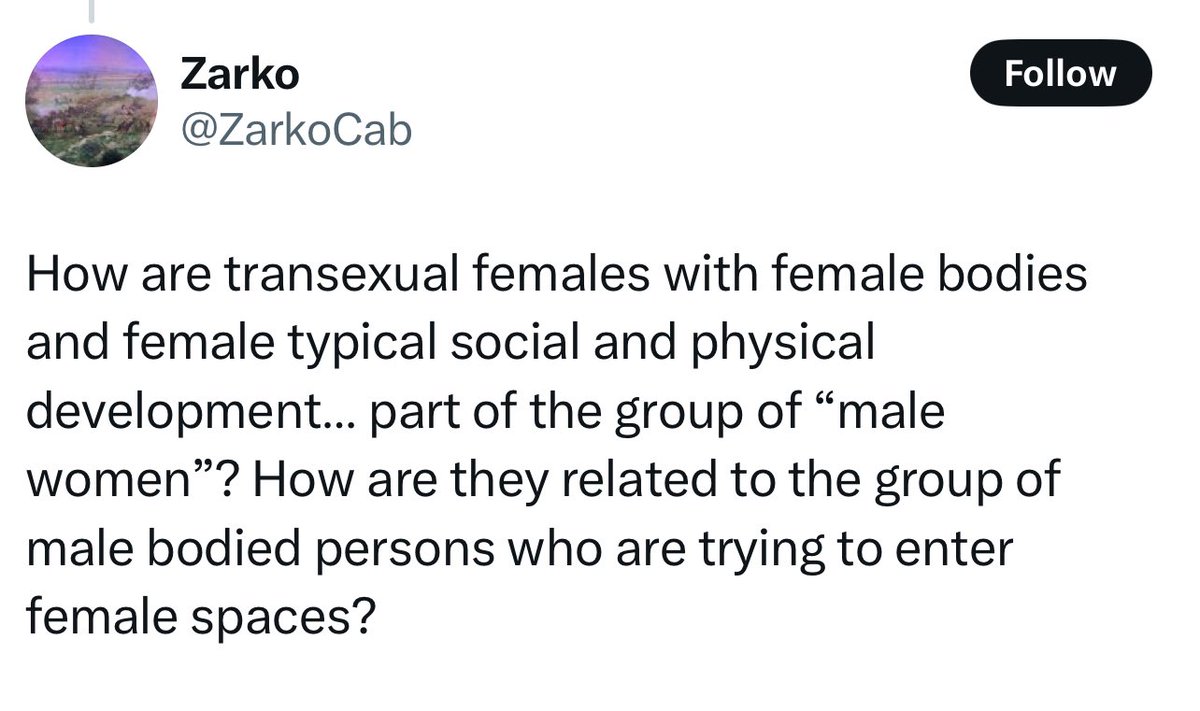 Because they are also male-bodied. There is no such thing as a “transsexual female.” Not unless you’re talking about trans men, anyway. Actual female bodies are organized around the existence of large gametes; that is, eggs. Nothing a man does will change the fact that his body