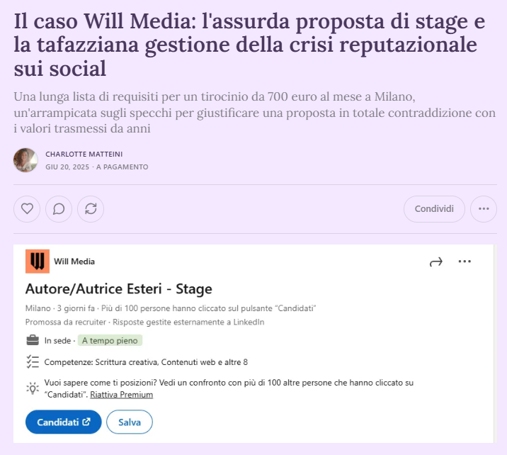 CharlyMatt's tweet photo. Un'offerta di stage pubblicata su LinkedIn da Will sta causando non poche polemiche online. Non perché sia la peggiore mai vista, al centro c'è la mancanza di coerenza. E le giustificazioni fanno acqua da tutte le parti.

Vi lascio il link nel secondo tweet. https://t.co/SB1xWNjmkK