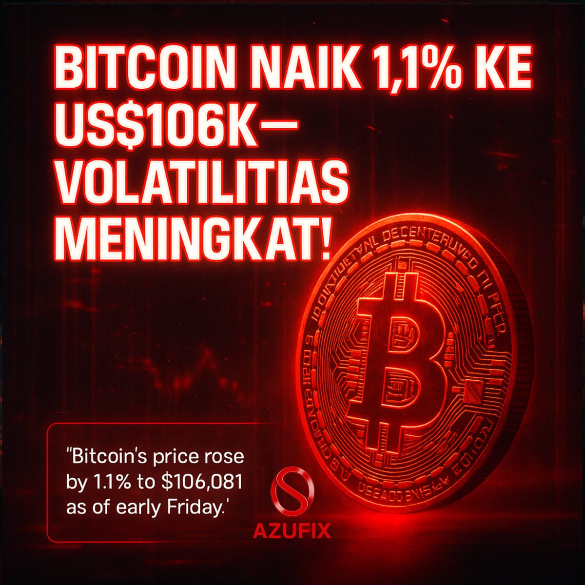 BITCOIN NAIK 1,1% KE US$106K – VOLATILITAS MENINGKAT!
BTC naik 1,1% ke Rp1,69M. Volatilitas naik. Trader mulai agresif masuk, pasar mulai menggeliat lagi!
#AZUFIX #CryptoIndonesia #BeritaCrypto #Bitcoin