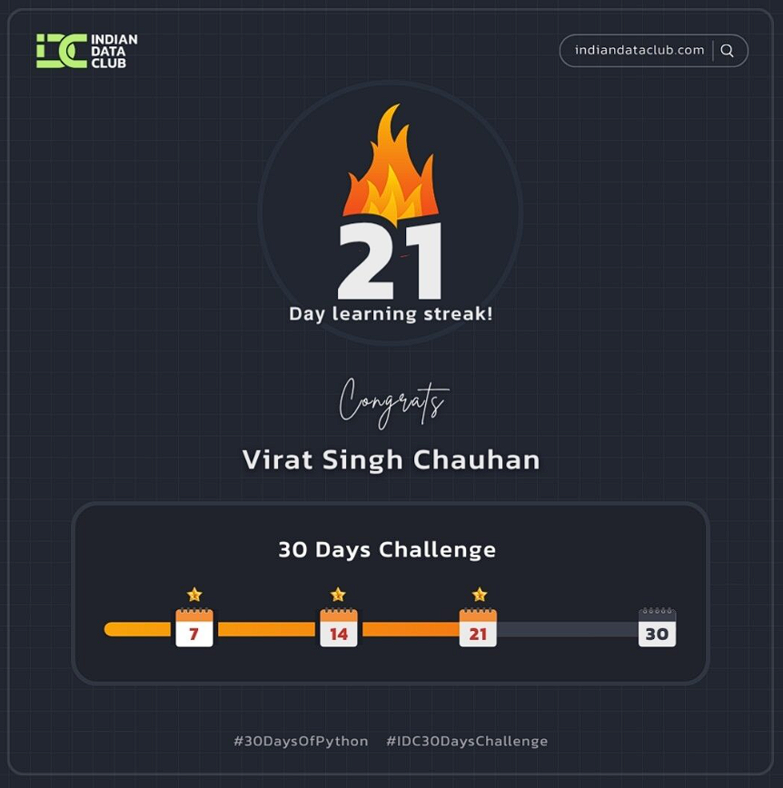 ViratSi95841111's tweet photo. 21 days.
A streak. A habit. A mindset shift.
Was I always consistent? Rarely.
But this time, I showed upโevery single day.
Thanks to @IndianDataClub and the #30DaysOfPythonChallenge.
Weโre just getting started. https://t.co/O3JxfTmXcu