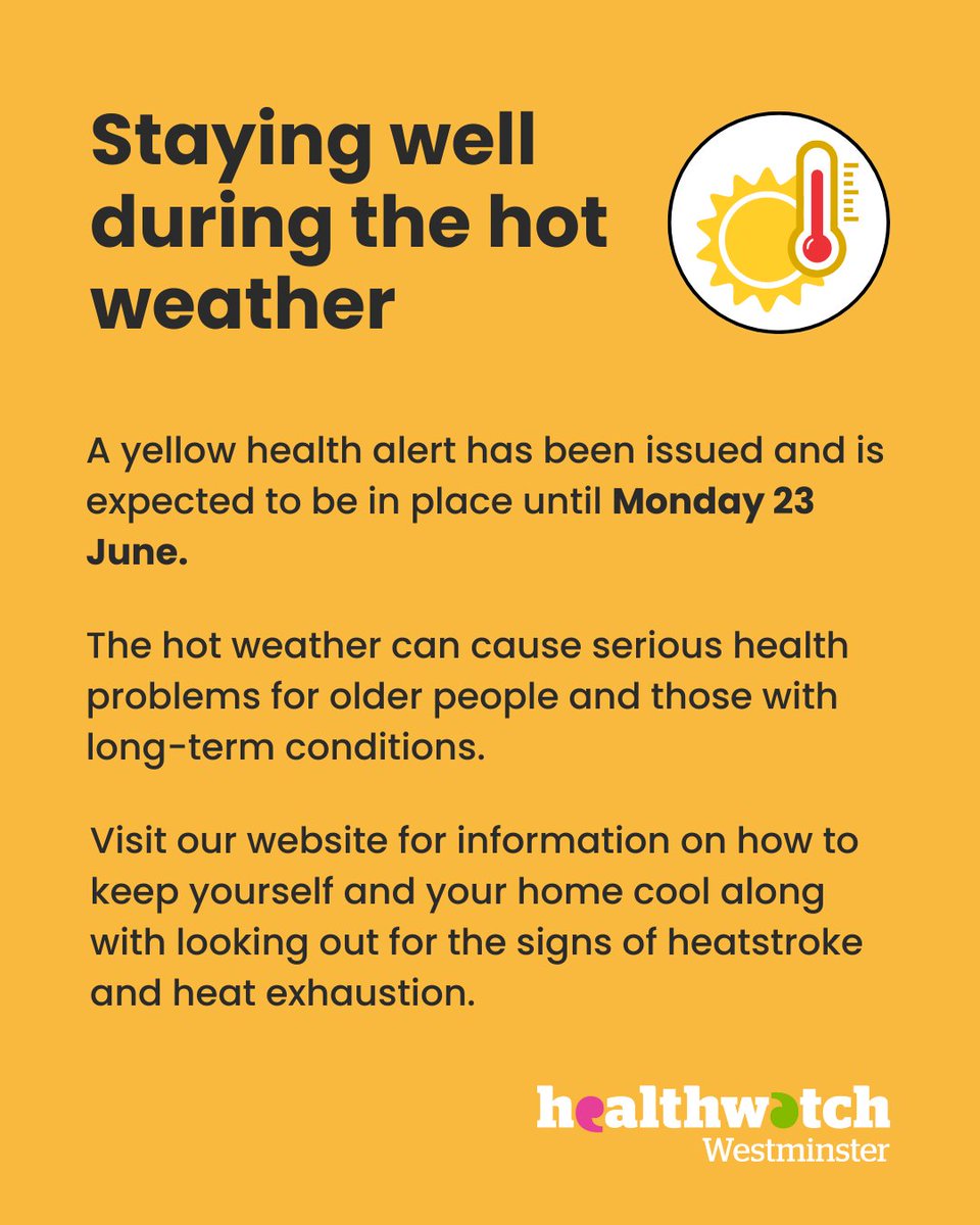 As the weather gets increasingly warmer, it's important to look out for the signs of heat exhaustion and heatstroke and look after yourself.

Read our latest advice article for more information on staying safe during the heatwave: healthwatchwestminster.org.uk/advice-and-inf…