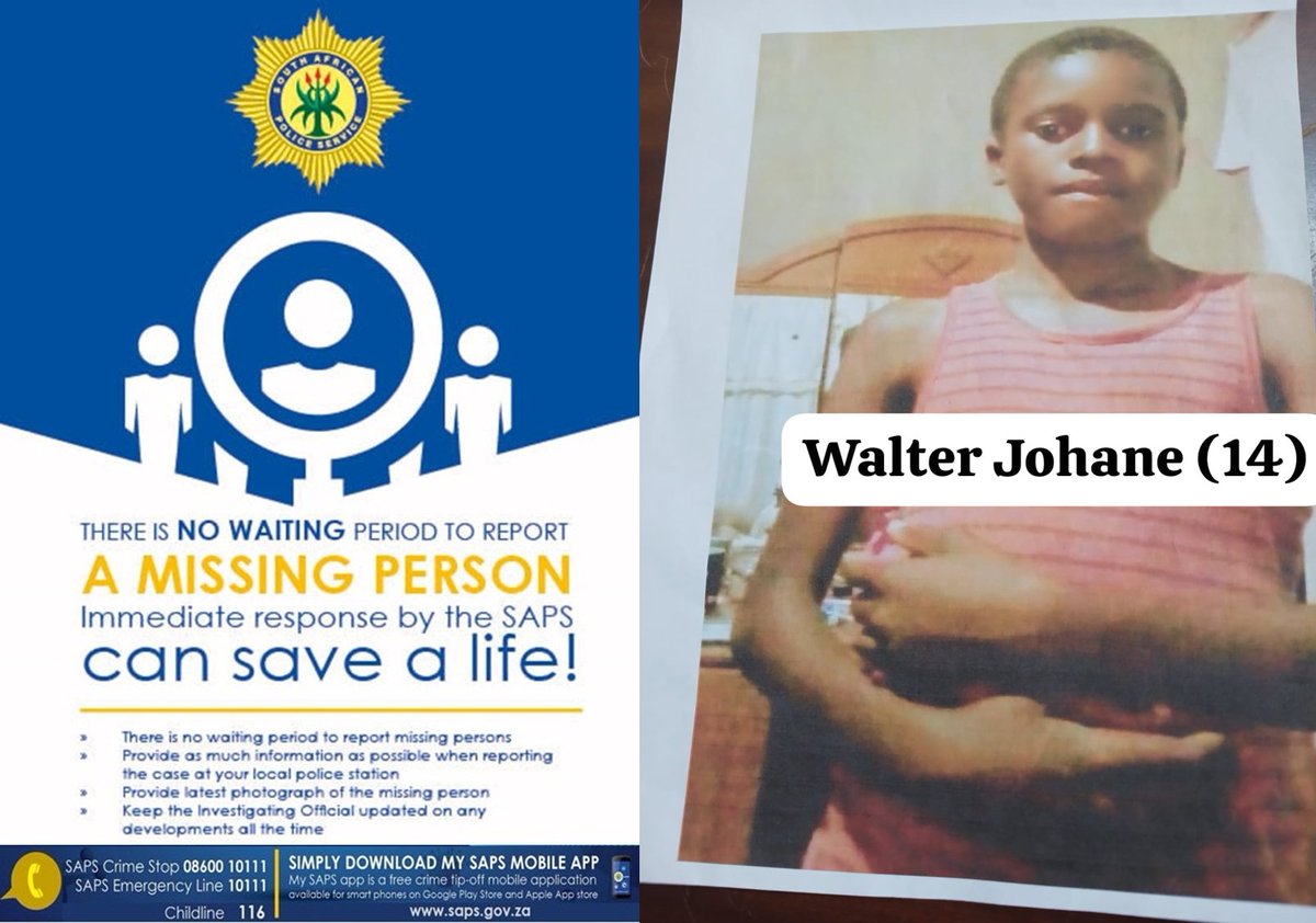 SAPoliceService's tweet image. RT #sapsMP #SAPS Mmametlhake appeals to members of the public to assist in locating 14yr-old Walter Johane from Marapyane, who has been #missing since 16/06.

According to available information, Walter was last seen at approximately 13:00, reportedly on his way to visit a nearby…