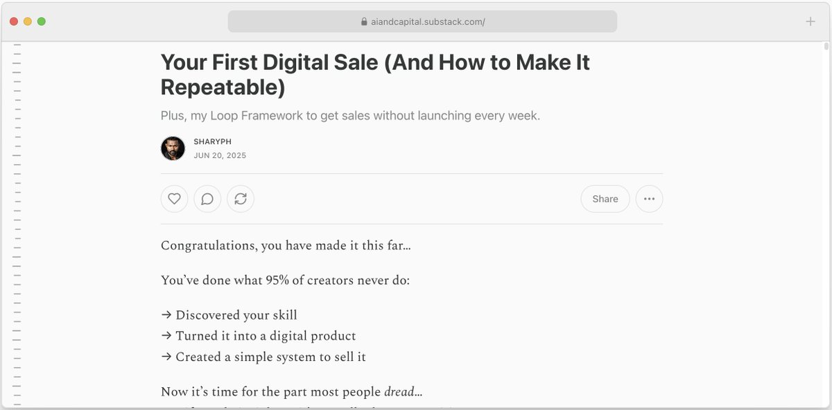 I made my first digital sale with no team and barely 100 subscribers.

It wasn’t luck.
It was a simple system.
And I’ve used it to sell 700+ products since.

Tomorrow, I’m breaking it down for 19,000+ creators

Join here (it's free)↓
👉 aiandcapital.substack.com