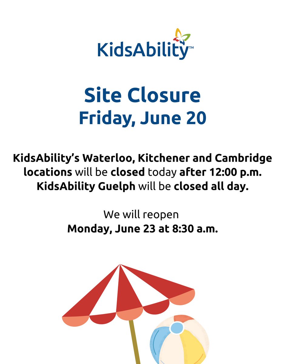 Site closure today!

KidsAbility’s Waterloo, Kitchener and Cambridge locations will be closed today after 12:00 p.m. KidsAbility Guelph will be closed all day.

We will reopen Monday, June 23 at 8:30 a.m.