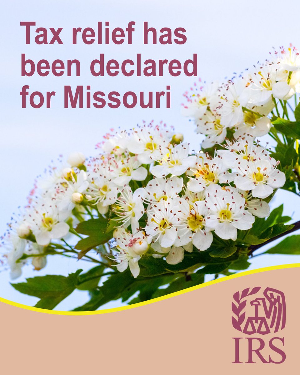 The #IRS grants tax relief to storm, straight-line wind, tornado and wildfire victims in parts of Missouri. Taxpayers in affected areas now have until Nov. 3, 2025 to file various returns and make payments. Learn more: ow.ly/QS3V50W6yM8