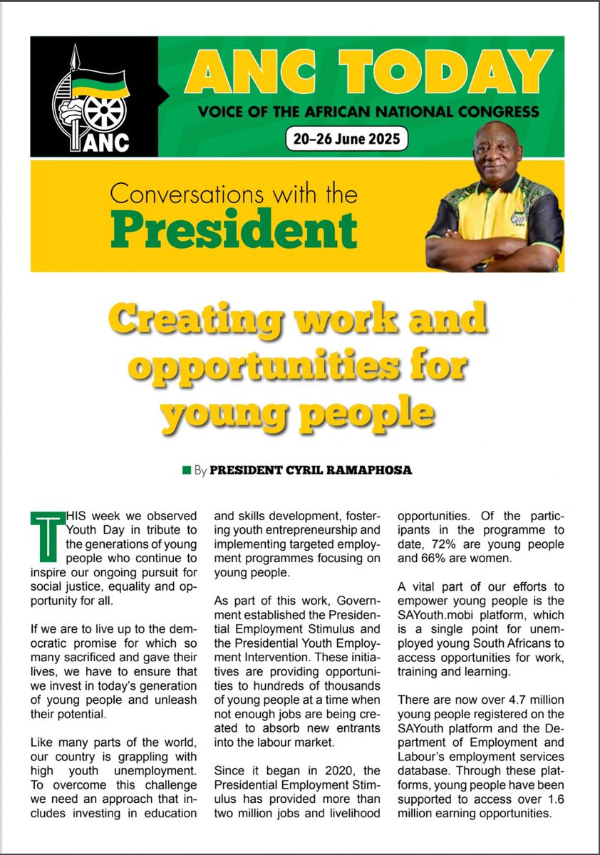 In this week’s edition of ANC TODAY:

“Creating work and opportunities for young people - By President Cyril Ramaphosa

Link to full article: online.fliphtml5.com/larny/cgct/#p=2

#ThePeoplesMovement