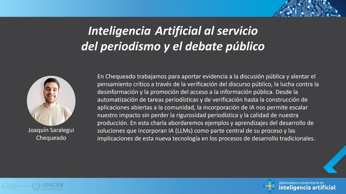 🧠📊 Ciclo de charlas DUIA: ¿Cómo puede la IA fortalecer el periodismo y la lucha contra la desinformación?
Joaquín Saralegui comparte aprendizajes y herramientas desarrolladas con IA.
🗓️ Viernes 27/6 · 18 hs
🎓 Abierta al público
📩 Inscribite: forms.gle/4DncWjKwTK6JN9…
#ia #duia