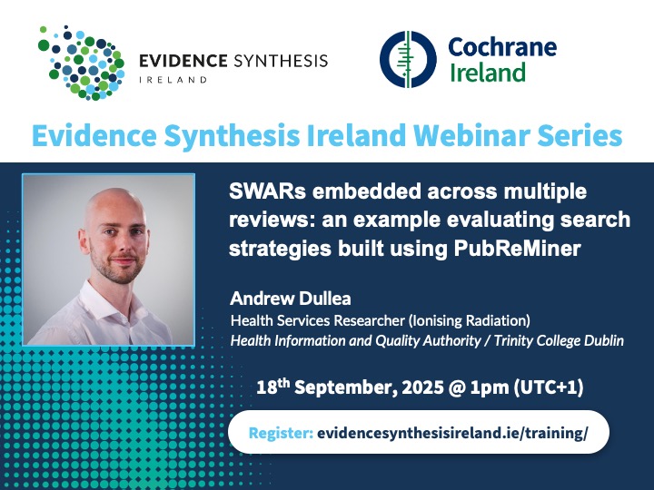 Evidence Synthesis Ireland (@evidsynirl) on Twitter photo ESI Webinar: Interested in learning about SWARs? The 1st webinar of the Autumn series (18 Sept) sees <a href="/Andrew__Dullea/">Andrew Dullea</a> of <a href="/HIQA/">HIQA</a> & <a href="/SPHeREprogramme/">SPHeRE</a>  present findings from a Study Within A Review (SWAR). To register: universityofgalway-ie.zoom.us/webinar/regist… ESI Webinar: Interested in learning about SWARs? The 1st webinar of the Autumn series (18 Sept) sees <a href="/Andrew__Dullea/">Andrew Dullea</a> of <a href="/HIQA/">HIQA</a> & <a href="/SPHeREprogramme/">SPHeRE</a>  present findings from a Study Within A Review (SWAR). To register: universityofgalway-ie.zoom.us/webinar/regist…