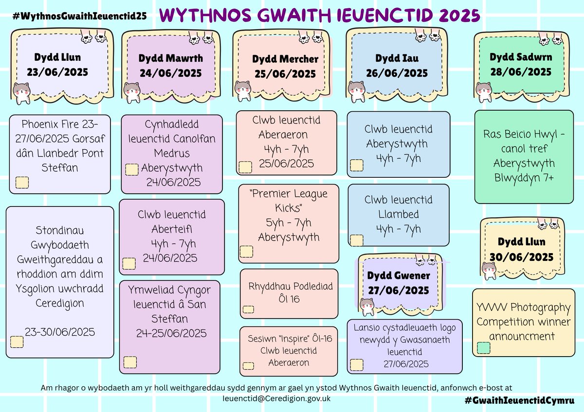 Rydyn ni gyd yn edrych ymlaen at #WythnosGwaithIeuenctid25 yr wythnos nesaf! Dyma ychydig o'r pethau fydd gennym ni ar gael yn ystod yr wythnos!

os hoffech chi gael rhagor o wybodaeth, anfonwch e-bost at Ieuenctid@Ceredigion.gov.uk

🎊 🎉 🏴󠁧󠁢󠁷󠁬󠁳󠁿 💙 🩵 🩷 ❤️ 💛 🎊 🎉 🏴󠁧󠁢󠁷󠁬󠁳󠁿 💙 🩵 🩷