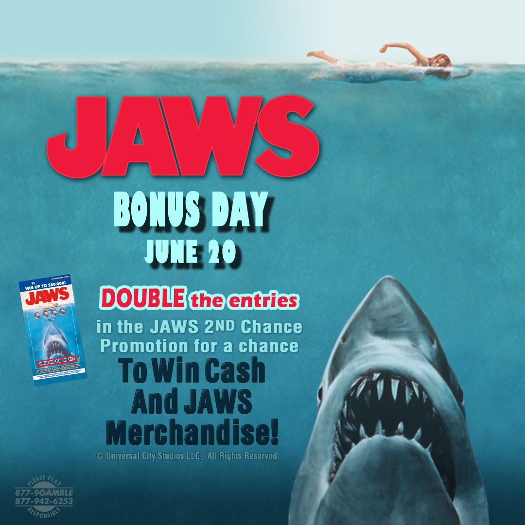 🦈 Double Your Entries with a JAWS “Bonus Day” TODAY to celebrate the 50th Anniversary of the JAWS movie!

Enter Now: rilot.com/en-us/secondch…

#RILottery #JAWS #SharkWeek #BonusDays #DoubleTheEntries #PlayToWin