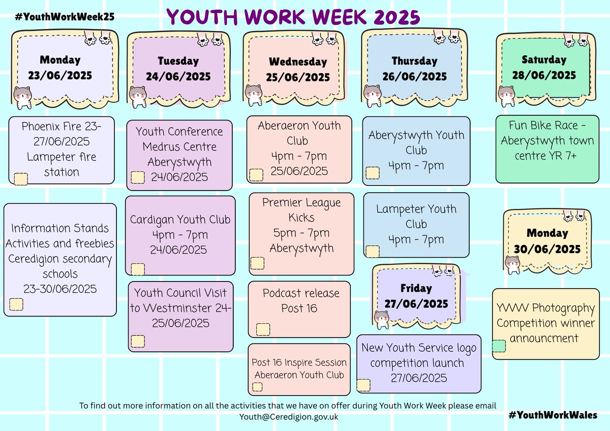 We can't wait for #YouthWorkWeek25 next week! Here are just a few of the things we will have on offer during the week!

If you'd like any more information please email Youth@Ceredigion.gov.uk
🎊 🎉 🏴󠁧󠁢󠁷󠁬󠁳󠁿 💙 🩵 🩷 ❤️ 💛 🎊 🎉 🏴󠁧󠁢󠁷󠁬󠁳󠁿 💙 🩵 🩷 ❤️ 💛