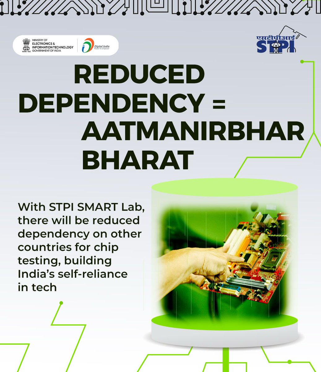 _DigitalIndia's tweet image. Why depend on others? 💪 STPI SMART Lab reduces our need to test chips abroad. India is building its own tech backbone - for India, by India.

🔗 stpi.in/en/lab/smart-l…

#AatmanirbharBharat #SMARTLab #DigitalIndia @stpiindia