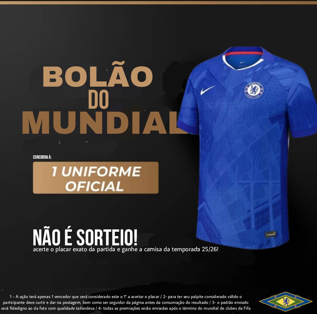 DIA DE CHELSEA, DIA DE BOLÃO! 💙🔥

ESSE ANO GANHAREMOS O MUNDIAL E PARA COBRIR ESSE EVENTO HISTÓRICO, VAMOS PRESENTEAR O 1° TORCEDOR QUE ACERTAR O PLACAR EXATO DO JOGO DE HOJE🔥🔥🔥

PARA PARTICIPAR BASTA ⬇️

- SEGUIR A PAGINA ✅️
- CURTIR E DAR RT NO POST 🔄❤️
- COMENTAR O