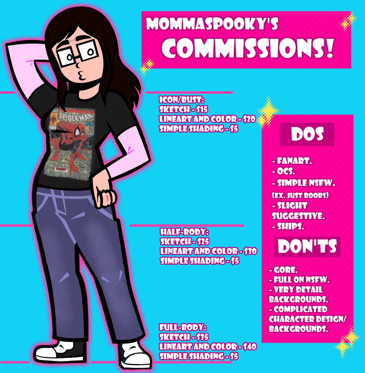 MommaSpooky's tweet image. Well, since some people wanted to know if my commissions are open... they are! So, here's my commission sheet (it'll be temporary since I wanna make a carrd for it). My DMs are open if you are interested 🫡🩷