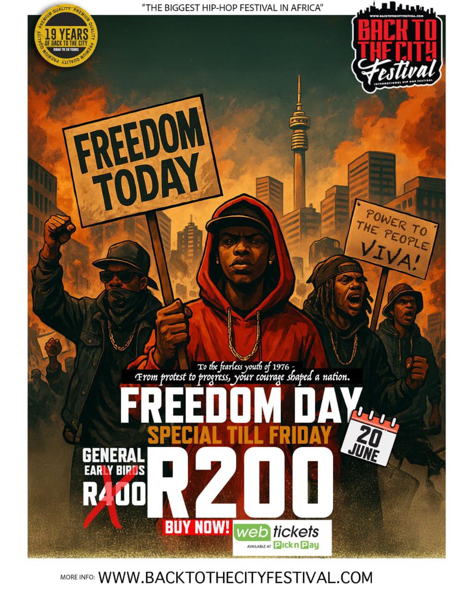 To the youth of 1976  The fire you lit in '76 still burns in every young dream today.
🔥 To the youth of today — your voice is your power, your time is NOW.
Let’s honour the legacy through unity, culture&amp; HIP-HOP! 🎤✊🏾

🎟️ Back to the City Festival tickets are now ONLY R200
