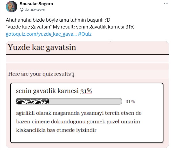 Zaman geçtikçe kıskançlık seviyem azalmış. "yuzde kac gavatsin" My result: senin gavatlik karnesi 49% gotoquiz.com/yuzde_kac_gava… #Quiz
